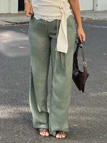 NegzBox Linen Vacation Casual Style Low Waist Wide Leg Floor Length Pants With Double Waistband Tie Decor Vacation Gray Fall/Winter Autumn - Mint Green - View 4