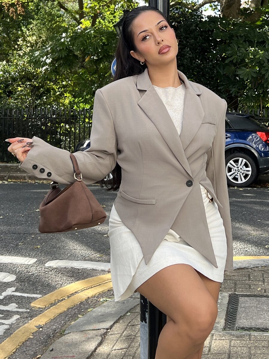 NegzBox Hauture Women's Chic Khaki Asymmetrical Blazer, Pointed Hem, Slim Fit, Padded Shoulders, All-Season, Commuter, Versatile For Work And Dates, Office - Khaki - View 1