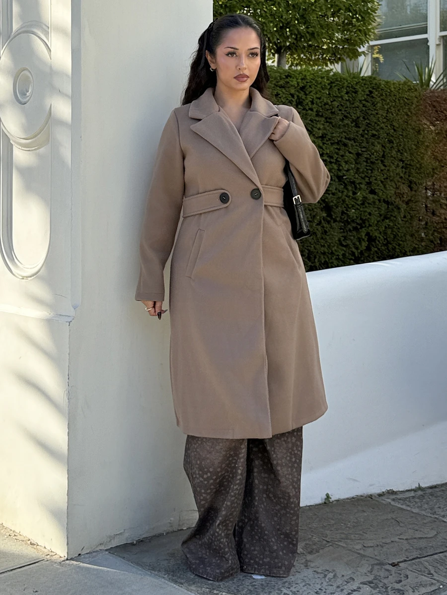 NegzBox Fashionable Versatile Camel Notched Collar Overcoat With Belt, Autumn/Winter Winter Clothes For Women Long Coat Fall Cloth For Women - Brown - View 1