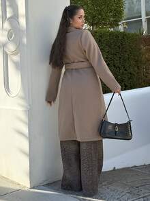 NegzBox Fashionable Versatile Camel Notched Collar Overcoat With Belt, Autumn/Winter Winter Clothes For Women Long Coat Fall Cloth For Women - Brown - View 2
