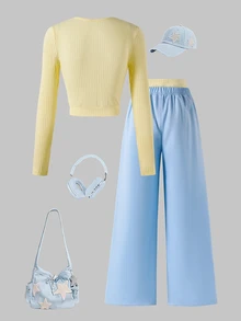 SHEIN Reset Phase 青少年女孩秋季穿搭上衣 2件/套 圓領 92%棉 甜美輕便休閒寬鬆 青少年短袖長袖 度假正式款 奶油黃 藍色 - 彩色 - 查看 3