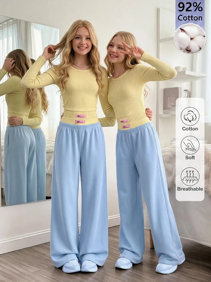 SHEIN Reset Phase 青少年女孩秋季穿搭上衣 2件/套 圓領 92%棉 甜美輕便休閒寬鬆 青少年短袖長袖 度假正式款 奶油黃 藍色