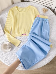 SHEIN Reset Phase 青少年女孩秋季穿搭上衣 2件/套 圓領 92%棉 甜美輕便休閒寬鬆 青少年短袖長袖 度假正式款 奶油黃 藍色 - 彩色 - 查看 6