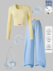 SHEIN Reset Phase 青少年女孩秋季穿搭上衣 2件/套 圓領 92%棉 甜美輕便休閒寬鬆 青少年短袖長袖 度假正式款 奶油黃 藍色 - 彩色 - 查看 5