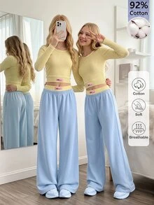 SHEIN Reset Phase 青少年女孩秋季穿搭上衣 2件/套 圓領 92%棉 甜美輕便休閒寬鬆 青少年短袖長袖 度假正式款 奶油黃 藍色 - 彩色 - 查看 4