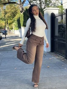 NegzBox Women's Casual Versatile Daily Travel Denim Jeans With Pockets And Buttons - Brown - View 4