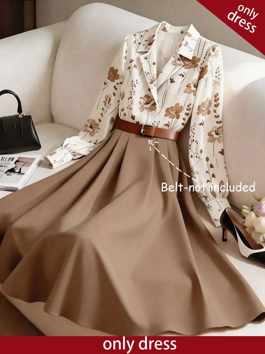 GlowEve Women's Floral Print A-Line Midi Dress,Spring AndSummer,Elegant, Office Commute Casual Fashion Date,Dress Only - Brown - View 1
