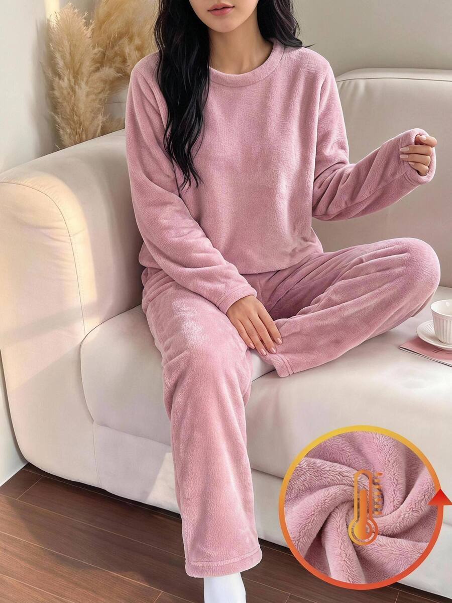 SHEIN طقم ملابس بناتي للفتيات المراهقات من قطعتين، ملابس علوية علوية من الفرو الناعم وبنطال طويل، خريف/شتاء، من صوف المرجان، لون وردي، طقم ملابس للأطفال للبنات - وردي مغبر - مشاهدة 1