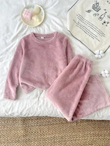 SHEIN Tween Girl 秋季/冬季 珊瑚絨毛套頭上衣與長褲 2 件套，粉紅色，女童服裝套裝 - 藕粉色 - 查看 9