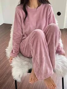 SHEIN Tween Girl 秋季/冬季 珊瑚絨毛套頭上衣與長褲 2 件套，粉紅色，女童服裝套裝 - 藕粉色 - 查看 10