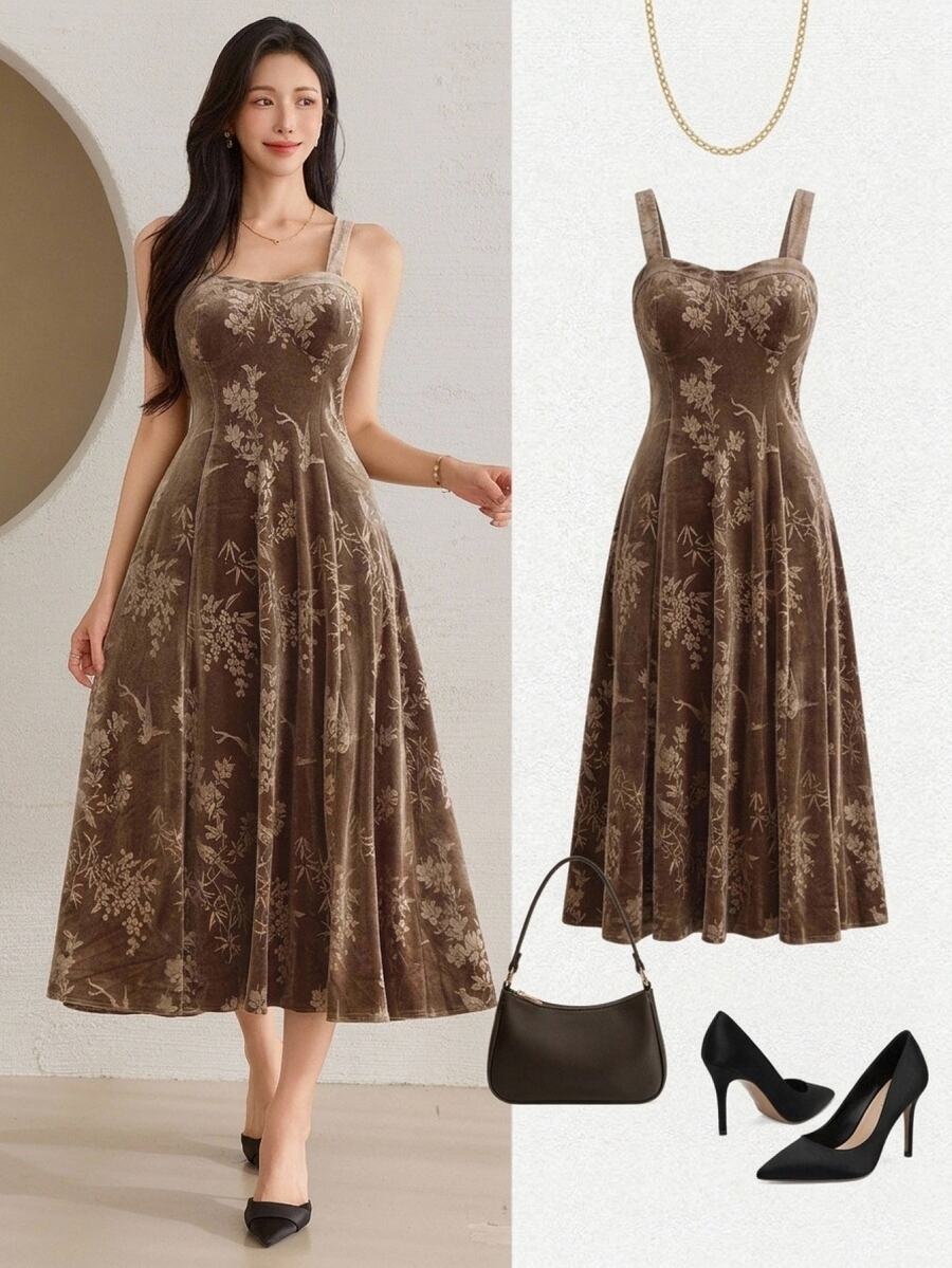 Wynsel Elegant Waist-Flattering A-Line Midi Dress For Women Winter - Brown - View 1