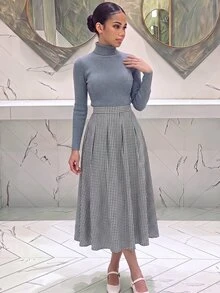 SHEIN 青少年女孩兒童學院風千鳥格休閒百褶裙 - 黑與白 - 查看 6