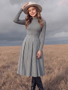 SHEIN 青少年女孩兒童學院風千鳥格休閒百褶裙 - 黑與白 - 查看 13