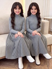 SHEIN 青少年女孩兒童學院風千鳥格休閒百褶裙 - 黑與白 - 查看 16