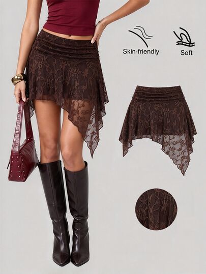 Sweetra Falda asimétrica de cintura baja con diseño de borde inclinado asimétrico, encaje y plisado, versátil y de moda para mujer, estilo hot girl