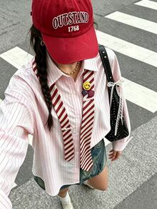 Collagica Collagica 女款條紋落肩長袖單排扣休閒襯衫 - 彩色 - 查看 3