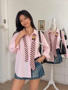Collagica Collagica 女款條紋落肩長袖單排扣休閒襯衫 - 彩色 - 查看 8