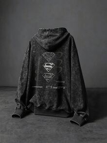 SUPERMAN X SHEIN 男士深色酸洗寬鬆版型運動衫，多重抽象符號圖案，復古街頭風套頭運動衫 - 黑色 - 查看 2