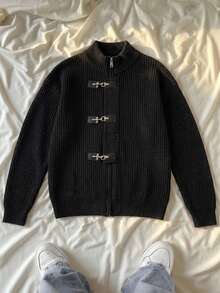 Manfinity CasualKnits Men's Solid Color Airplane Buckle Casual Daily Travel Cardigan - Black - View 1