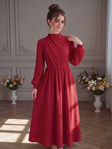 SHEIN Tween女孩休閒市區風優雅洋裝，立領燈籠袖A字長袖紅色秋季/冬季通勤女童洋裝 - 紅色 - 查看 1