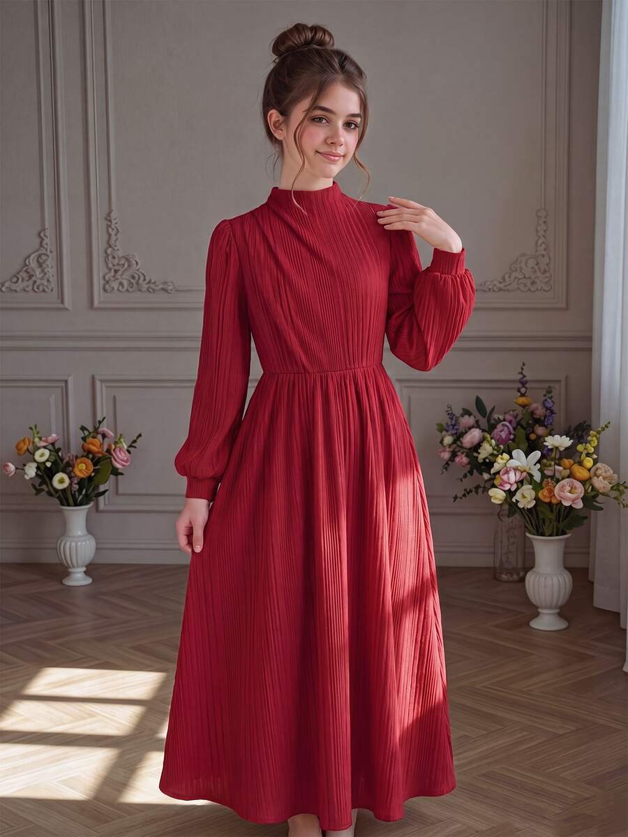 SHEIN Tween女孩休閒市區風優雅洋裝,立領燈籠袖A字長袖紅色秋季/冬季通勤女童洋裝 - 紅色 - 查看 1