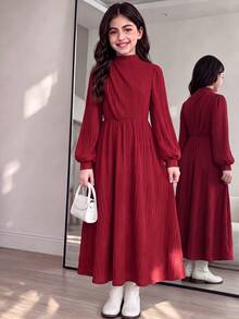 SHEIN Tween女孩休閒市區風優雅洋裝，立領燈籠袖A字長袖紅色秋季/冬季通勤女童洋裝 - 紅色 - 查看 8