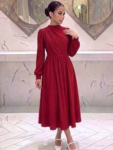 SHEIN Tween女孩休閒市區風優雅洋裝，立領燈籠袖A字長袖紅色秋季/冬季通勤女童洋裝 - 紅色 - 查看 3