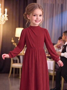 SHEIN Tween女孩休閒市區風優雅洋裝，立領燈籠袖A字長袖紅色秋季/冬季通勤女童洋裝 - 紅色 - 查看 5