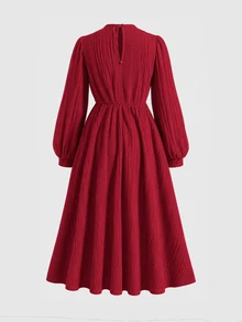 SHEIN Tween女孩休閒市區風優雅洋裝，立領燈籠袖A字長袖紅色秋季/冬季通勤女童洋裝 - 紅色 - 查看 16