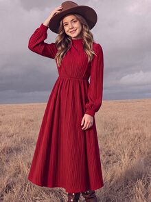 SHEIN Tween女孩休閒市區風優雅洋裝，立領燈籠袖A字長袖紅色秋季/冬季通勤女童洋裝 - 紅色 - 查看 10