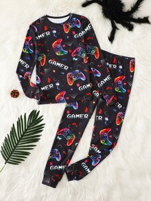 SHEIN Tween Boy Fluorescent Game Kids Console Pattern Round Neck Long Sleeve Long Pants Casual Comfortable Snug Fit Sleepwear Set 2pcs - Black - View 3