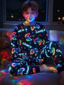 SHEIN Tween Boy Fluorescent Game Kids Console Pattern Round Neck Long Sleeve Long Pants Casual Comfortable Snug Fit Sleepwear Set 2pcs - Black - View 1