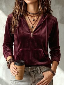 Glimmora Women's New Autumn/Winter Hot-Selling Velvet Hooded Casual Versatile Sweatshirt - Burgundy - View 4