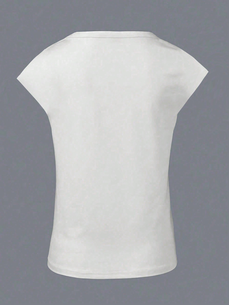 Omancia Women's V-Neck Short Sleeve Fitted Waist Casual T-Shirt, Comfortable Cotton Fabric, Suitable For Daily Wear, Vacation, Commute, Summer - White - View 2