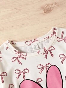 SHEIN Tween女孩秋冬甜美卡通豹紋蝴蝶結貓咪圖案圓領針織套頭上衣與配套長褲2件式居家服套裝，杏色與粉色 - 杏色 - 查看 6