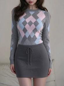FRIFUL Women's Korean Style Sweet Diamond Pattern Jacquard Long Sleeve Sweater Dress - Black - View 2