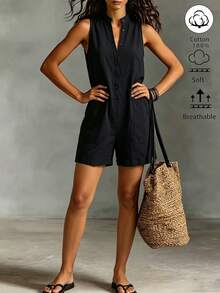 Omancia Women's Premium Solid Color Wide Leg Romper, Stand Collar Sleeveless Summer Casual Normal, Suitable For Work Commute, Business Vacation, Graduation - Black - View 4
