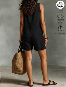 Omancia Women's Premium Solid Color Wide Leg Romper, Stand Collar Sleeveless Summer Casual Normal, Suitable For Work Commute, Business Vacation, Graduation - Black - View 2