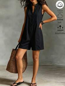 Omancia Women's Premium Solid Color Wide Leg Romper, Stand Collar Sleeveless Summer Casual Normal, Suitable For Work Commute, Business Vacation, Graduation - Black - View 5