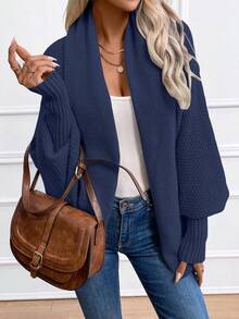 SHEIN كارديجان أنيق بياقة شال ذو أكمام فانوس لون أحادي للنساء، خريف/شتاء - أزرق بحري - مشاهدة 8