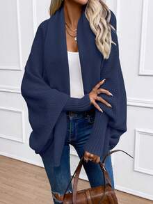 SHEIN كارديجان أنيق بياقة شال ذو أكمام فانوس لون أحادي للنساء، خريف/شتاء - أزرق بحري - مشاهدة 7