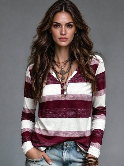 Omancia Long Sleeve V-Neck Button Decor Casual Multicolor Striped Women T-Shirt Graphic Tees Women Tops For Spring Outfit