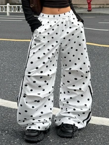 Coolane 女款秋冬外出日常穿著運動休閒風可愛白色波點降落傘寬腿運動長褲，秋季女裝穿搭 - 白色 - 查看 1