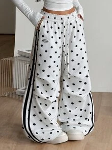 Coolane 女款秋冬外出日常穿著運動休閒風可愛白色波點降落傘寬腿運動長褲，秋季女裝穿搭 - 白色 - 查看 3