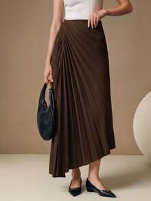 Anewsta Women's Elegant Long Coffee-Colored Pleated A-Line Dress For Urban Commute, Office, Home And Casual Wear - Coffee Brown - View 4