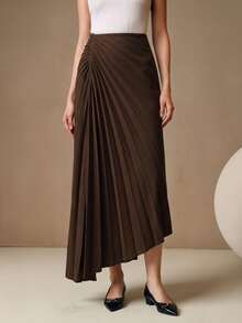 Anewsta Women's Elegant Long Coffee-Colored Pleated A-Line Dress For Urban Commute, Office, Home And Casual Wear - Coffee Brown - View 7