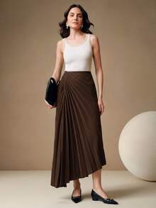 Anewsta Women's Elegant Long Coffee-Colored Pleated A-Line Dress For Urban Commute, Office, Home And Casual Wear - Coffee Brown - View 3