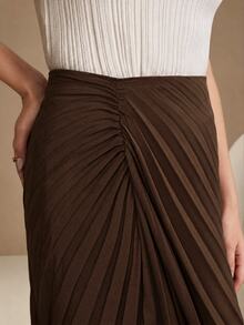 Anewsta Women's Elegant Long Coffee-Colored Pleated A-Line Dress For Urban Commute, Office, Home And Casual Wear - Coffee Brown - View 2