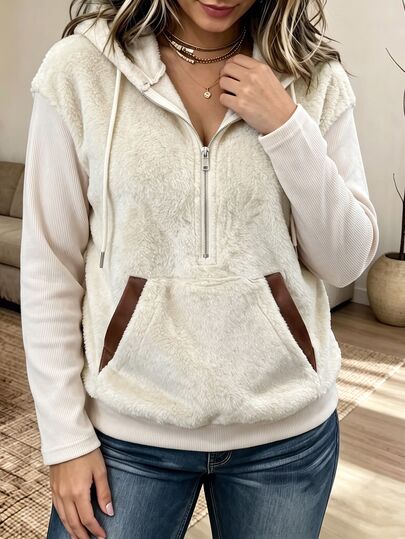 Ceyna Plus Size Women's Fall Fuzzy Hooded Sweatshirt, Patchwork Knit Sleeves, Zipper Decor Half-Open Front, Casual Baggy Blue White Stripe Beach