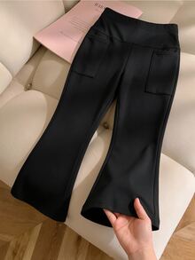 SHEIN 少女純色高腰彈性喇叭褲休閒運動瑜伽喇叭緊身褲附口袋 - 黑色 - 查看 5